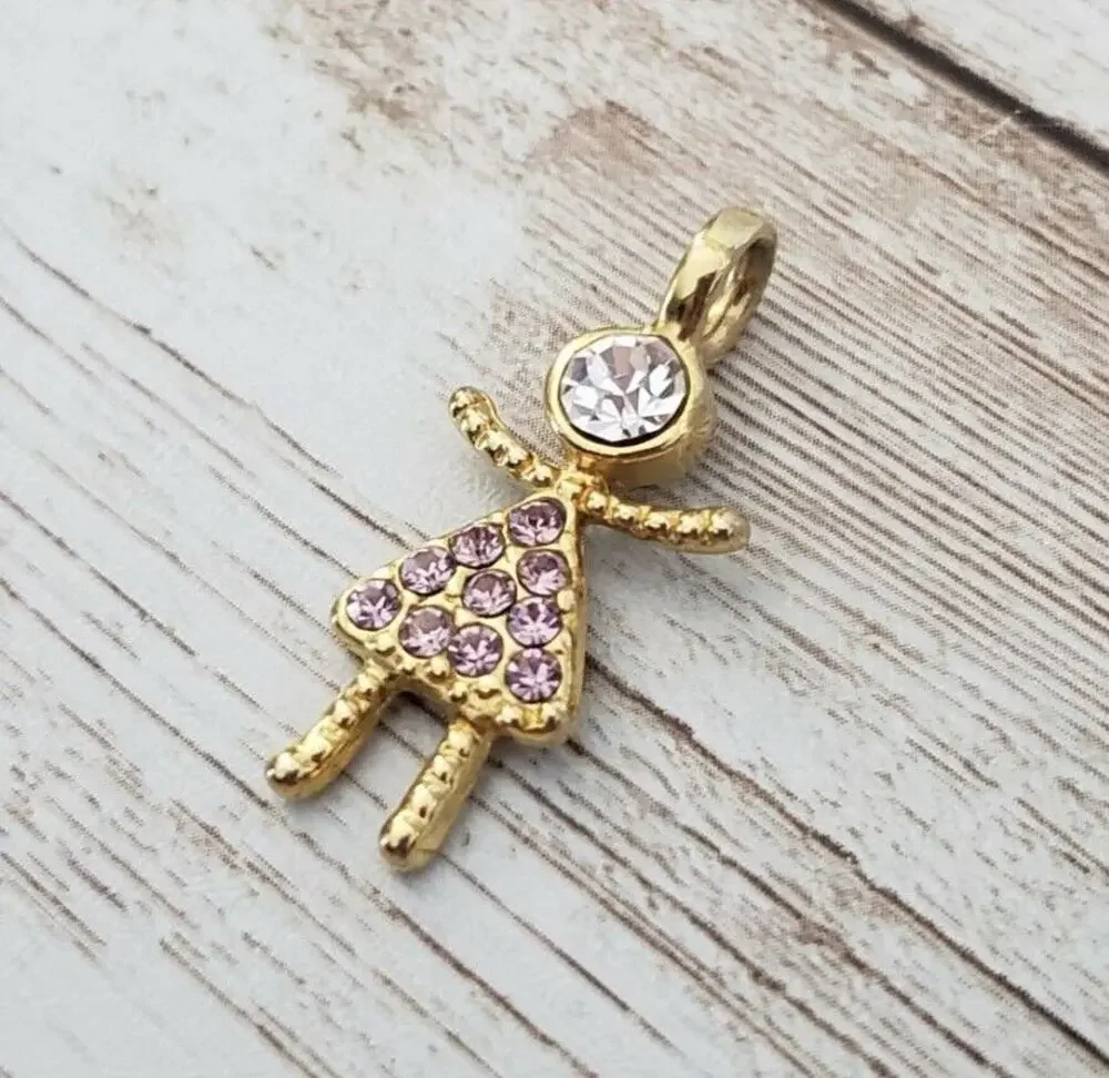 Vintage Pendant - Gold Tone Girl with Pink & Clear Gems - No Chain Included